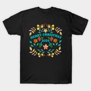 MERRY CHRISTMAS WITH LEAVES AND FLOWERS T-Shirt